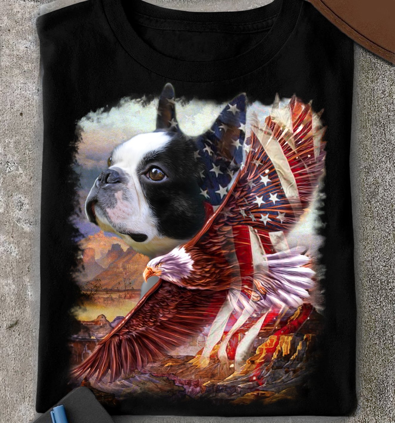 Boston Terrier And Eagle American Patriot Independence day- Standard T-shirt Black S M L XL 2XL 3XL 4XL 5XL 2009