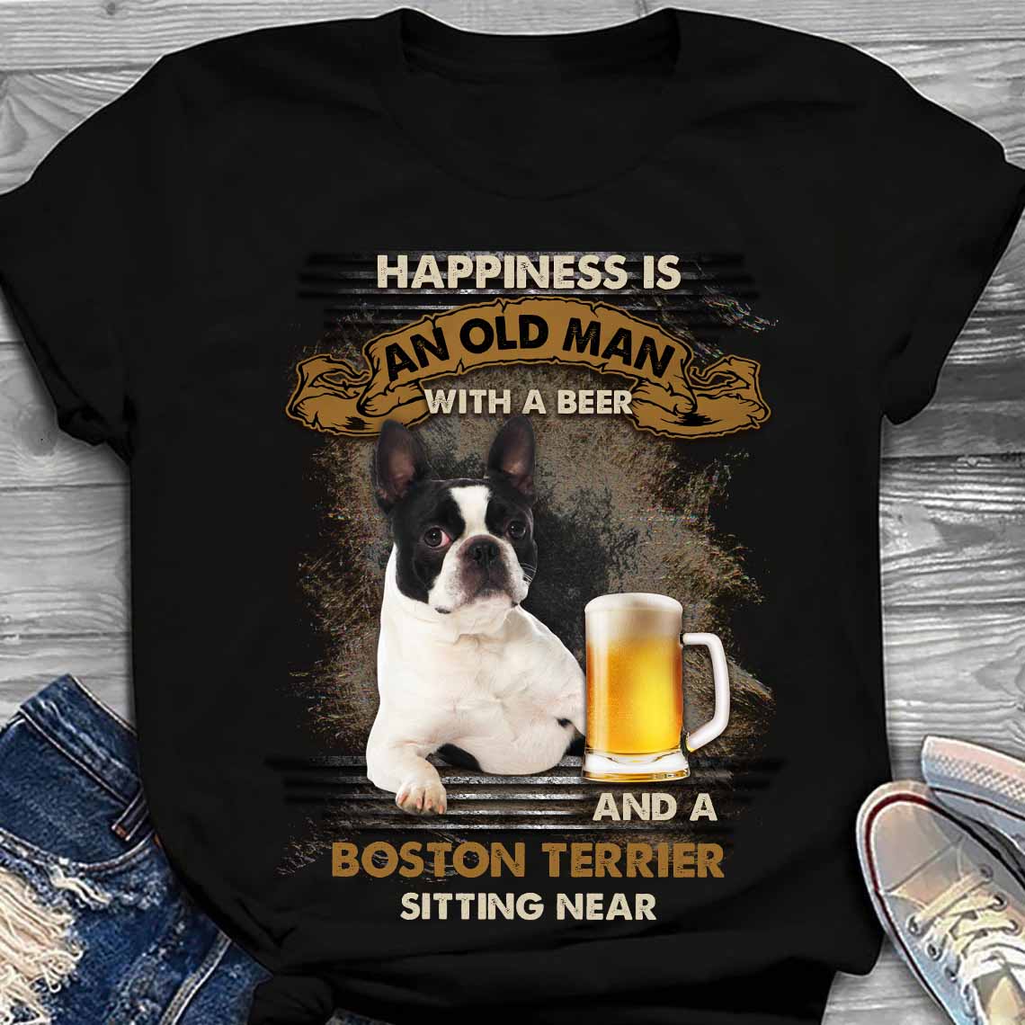 Boston Terrier sitting near old man – Black Standard T-shirt – S M L XL 2XL 3XL 4XL 5XL 240521