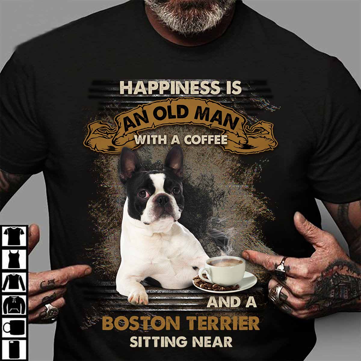 Boston Terrier sitting near old man – Black Standard T-shirt – S M L XL 2XL 3XL 4XL 5XL 250521