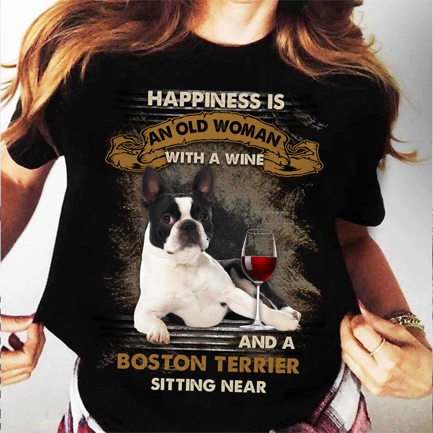 Boston Terrier sitting near old woman wine – Black Standard T-shirt – S M L XL 2XL 3XL 4XL 5XL 280521