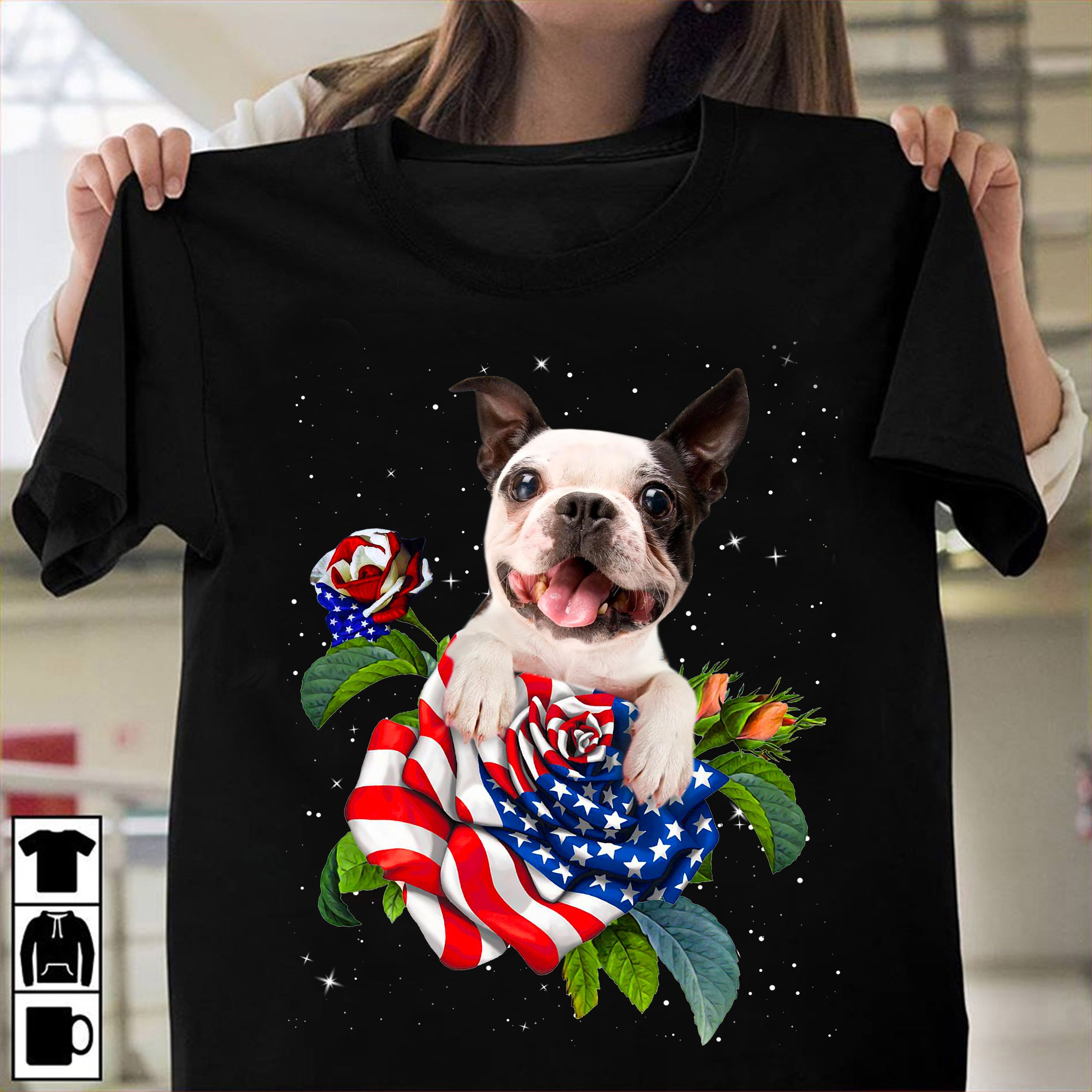 Boston Terrier Hide on America Rose – Black Standard T-shirt – S M L XL 2XL 3XL 4XL 5XL 290521