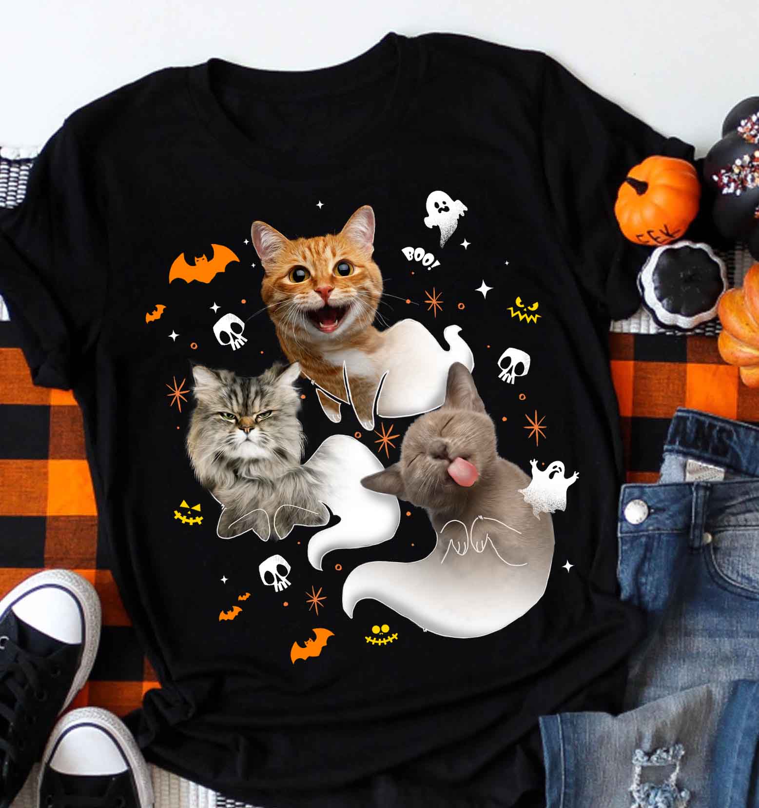 Cat & ghost, halloween – Standard T-shirt, gift for you, gift for her, gift for him, gift for cat lover