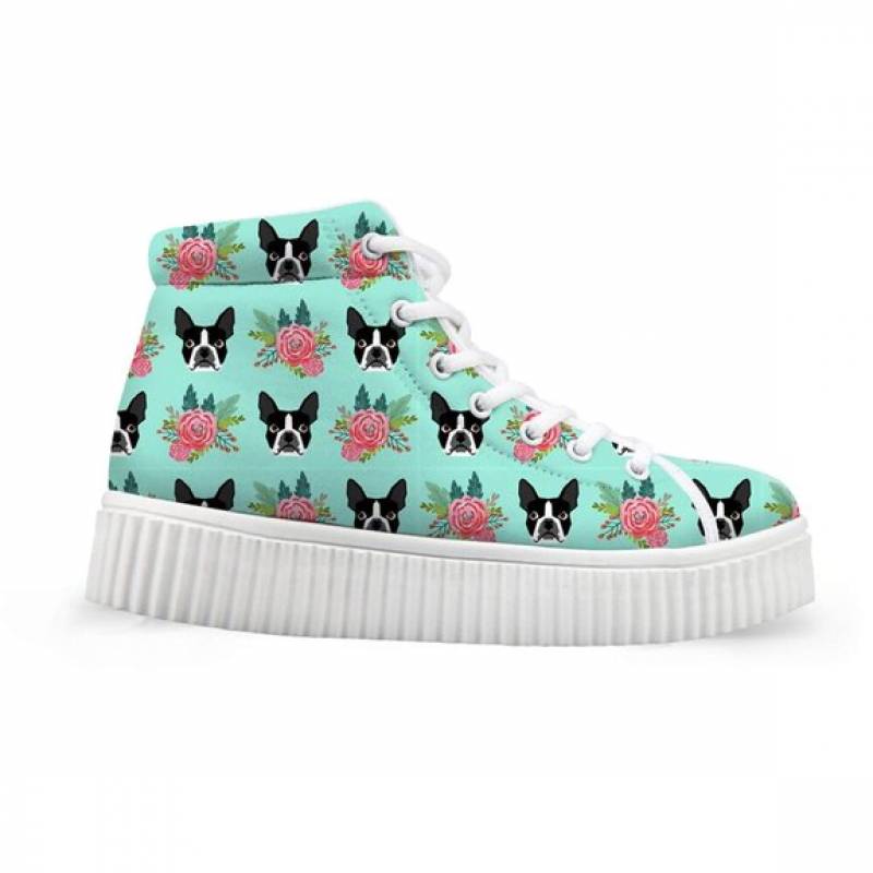 Cute Boston Terrier Floral Printed High Top Shoes