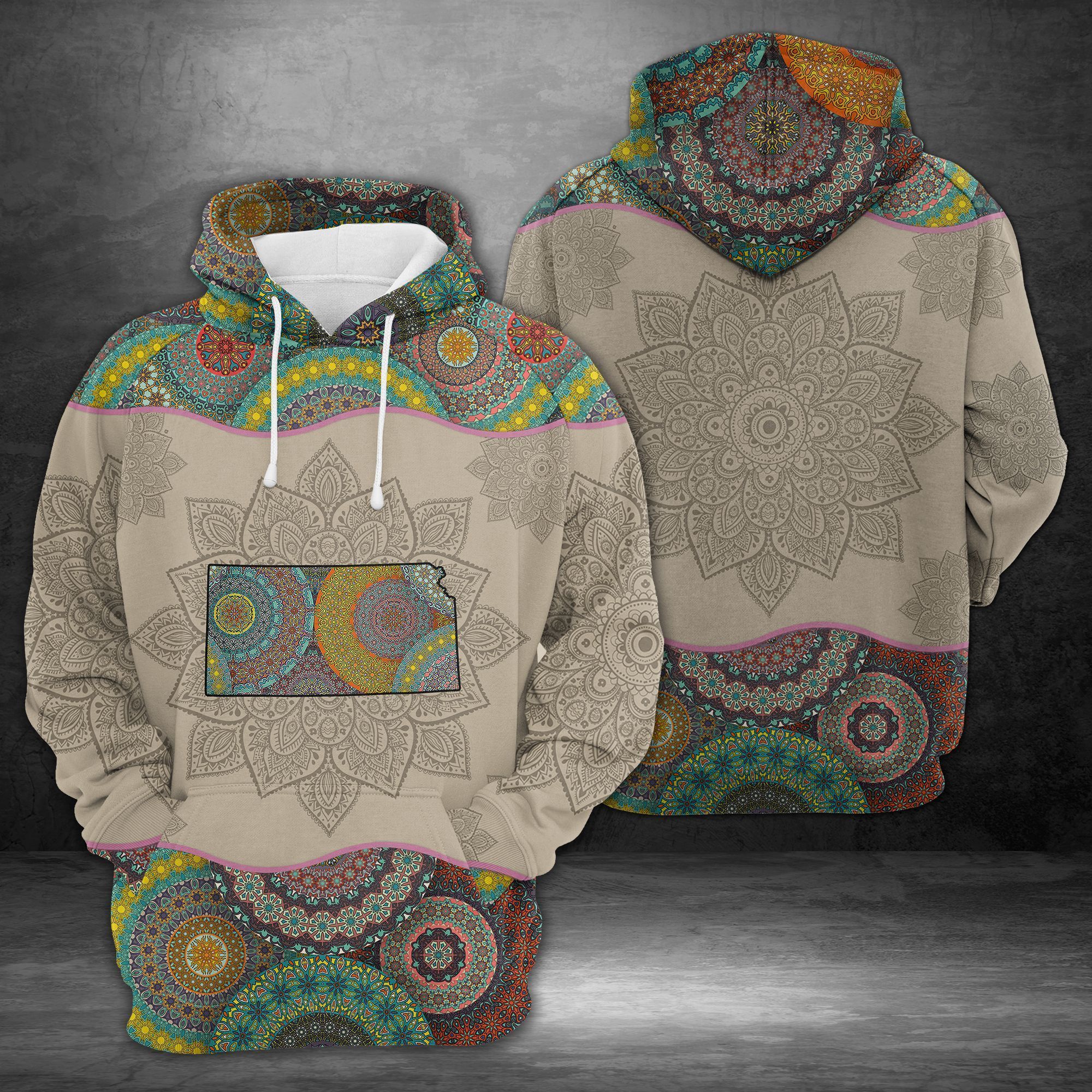 Kansas Mandala Khaki Awesome 3D Printed Sublimation Hoodie Hooded Sweatshirt Comfy Soft And Warm For Men Women S to 5XL CTC1701329