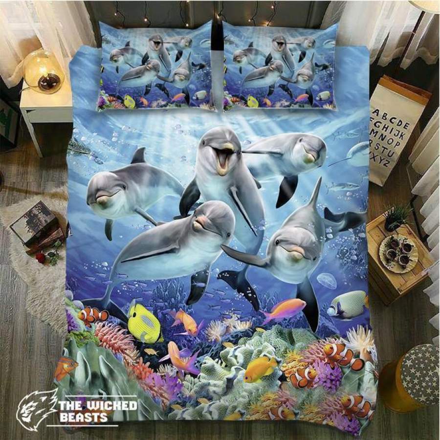 Default Happy Dolphins 3D Customize Bedding Set Duvet Cover Set Bedroom Set Bedlinen