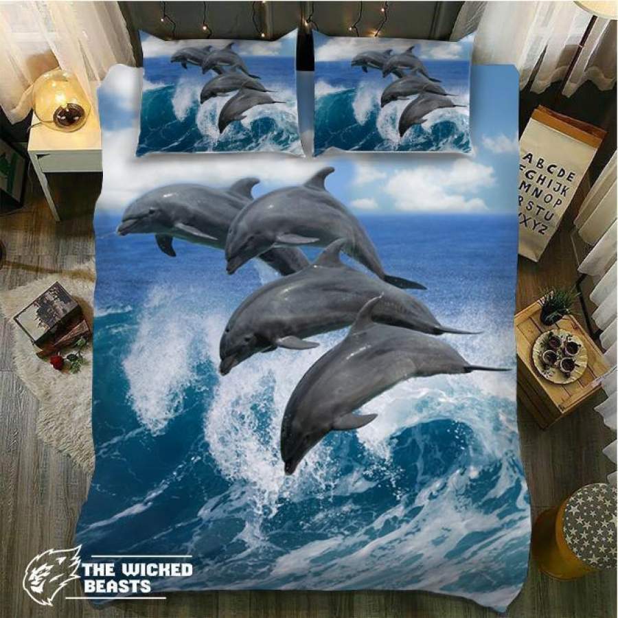 DefaultDolphins Jumping Over Waves 3D Customize Bedding Set Duvet Cover SetBedroom Set Bedlinen