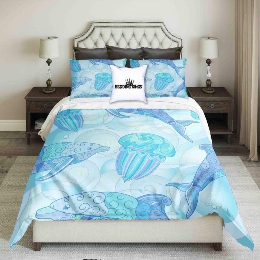 Dolphins & Jellyfish Bluish Design | Kings3D Customize Bedding Set Duvet Cover Set Bedroom Set Bedlinen