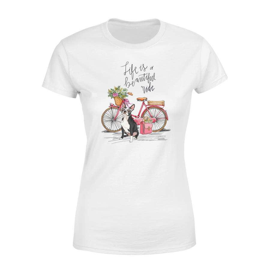 Boston terrier Bike, Vintage T- shirt, Gifts T- shirt, Funny T- shirt, Bicycle Tees, Women T- shirt, White T- shirts – Premium Women’s Tee