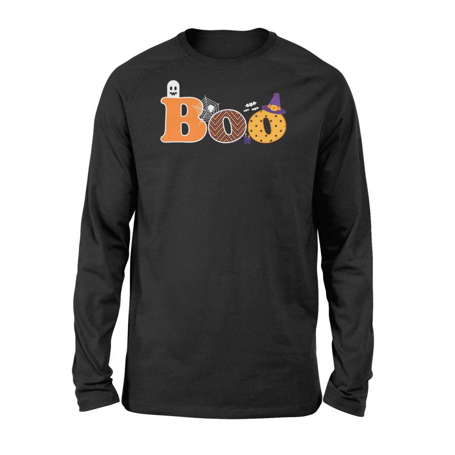 Boo Halloween With Ghost, Spider, Bat and Witch Hat – Premium Long Sleeve