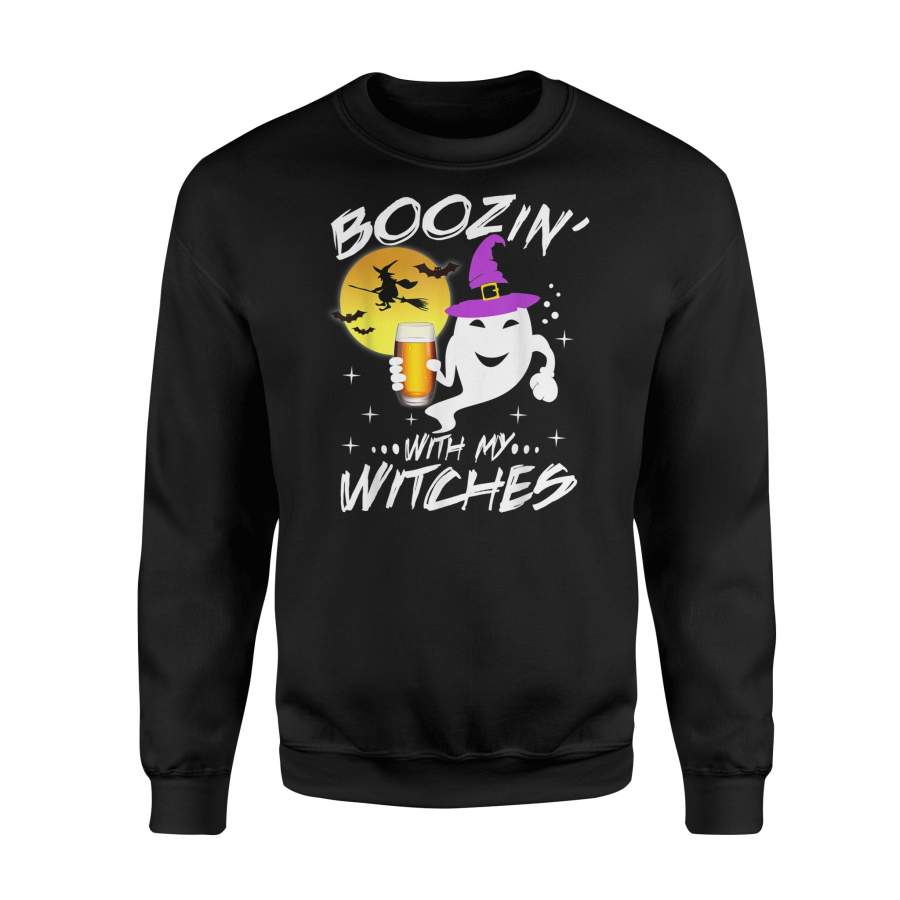 Boozin With My Witches Halloween Boo Ghost Witch Pun – Standard Fleece Sweatshirt