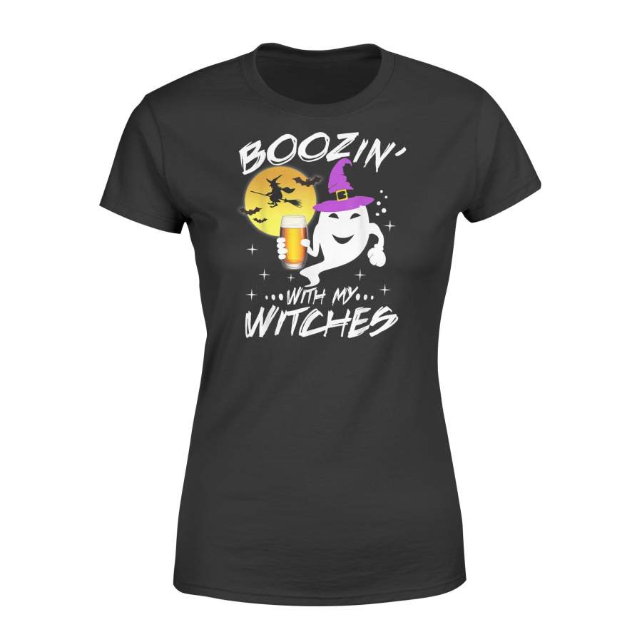 Boozin With My Witches Halloween Boo Ghost Witch Pun – Premium Women’s T-shirt