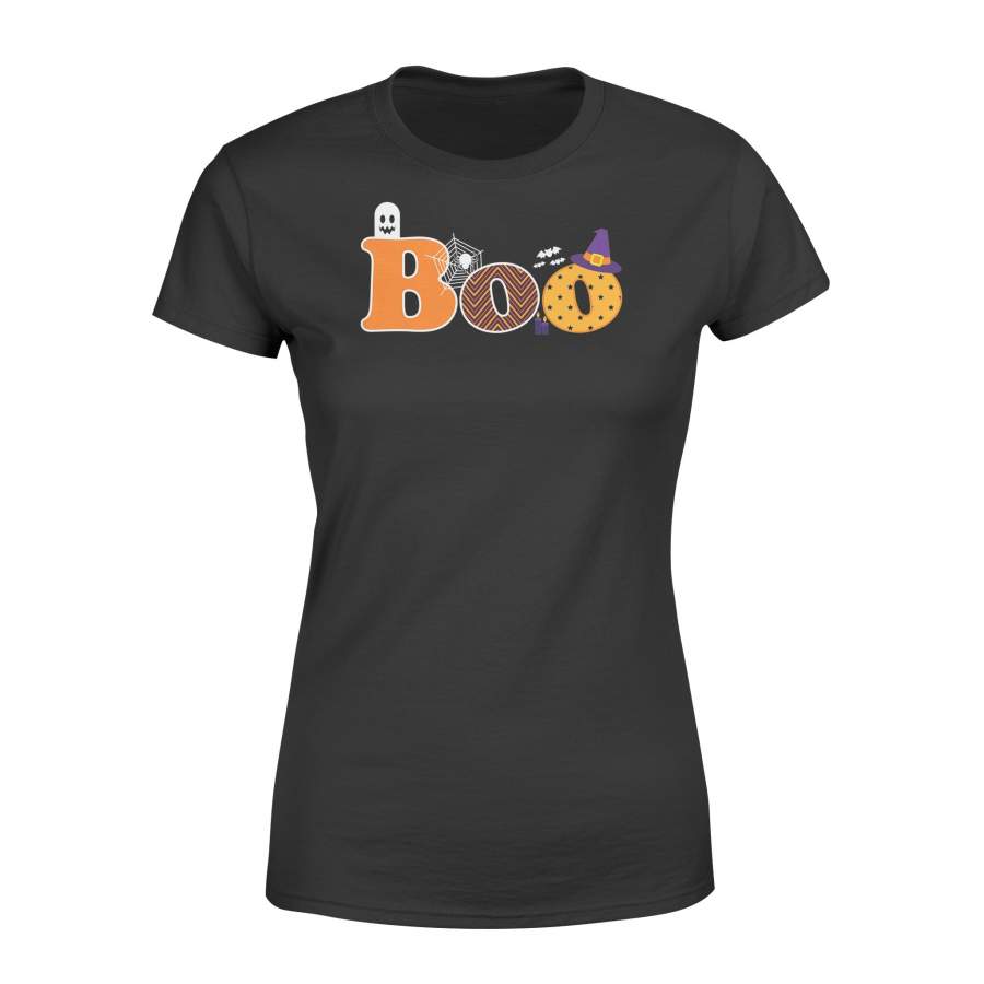 Boo Halloween With Ghost, Spider, Bat and Witch Hat – Standard Women’s T-shirt