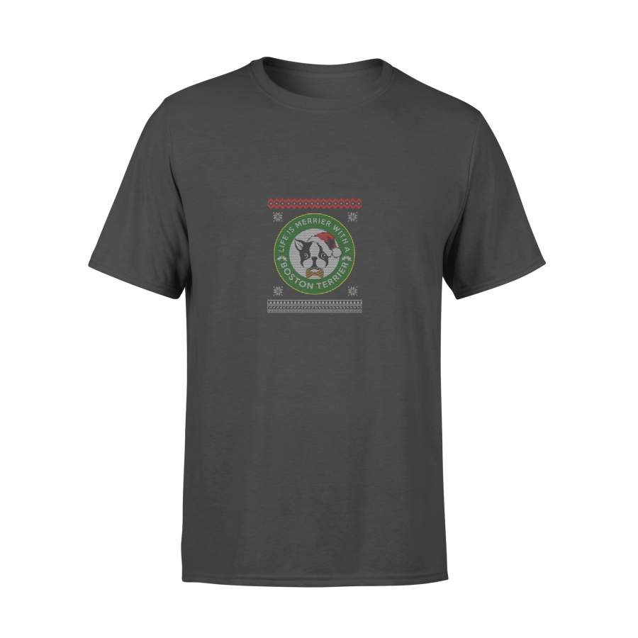 Life is Merrier with Boston Terrier Ugly Christmas Long Tees – Standard T-shirt