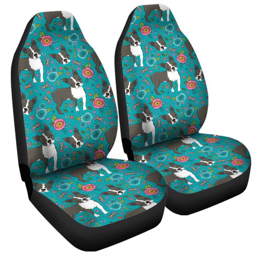 Cartoon Boston Terrier Flower Print Universal Fit Car Seat Covers