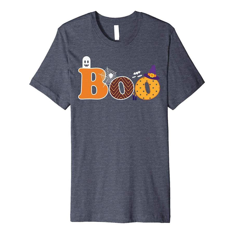 Boo Halloween T-Shirt With Ghost Spider Bat and Witch Hat