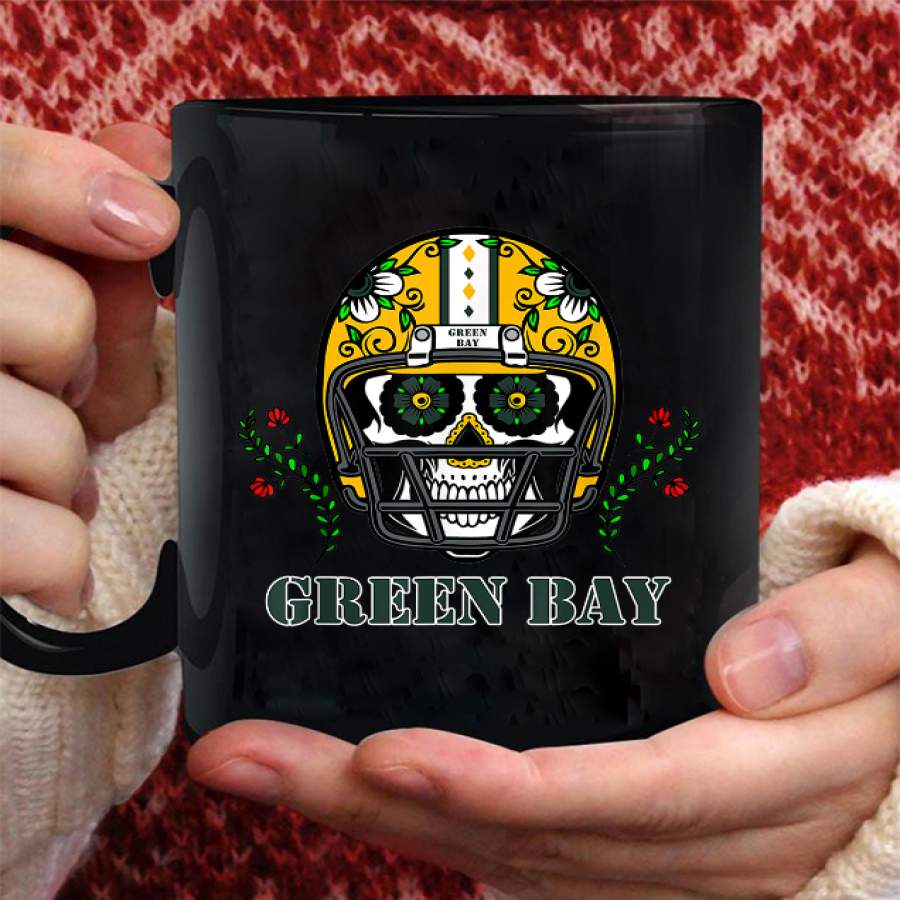 Coffee Mug Green Bay Football Helmet Sugar Skull Day Mug – Black Mug