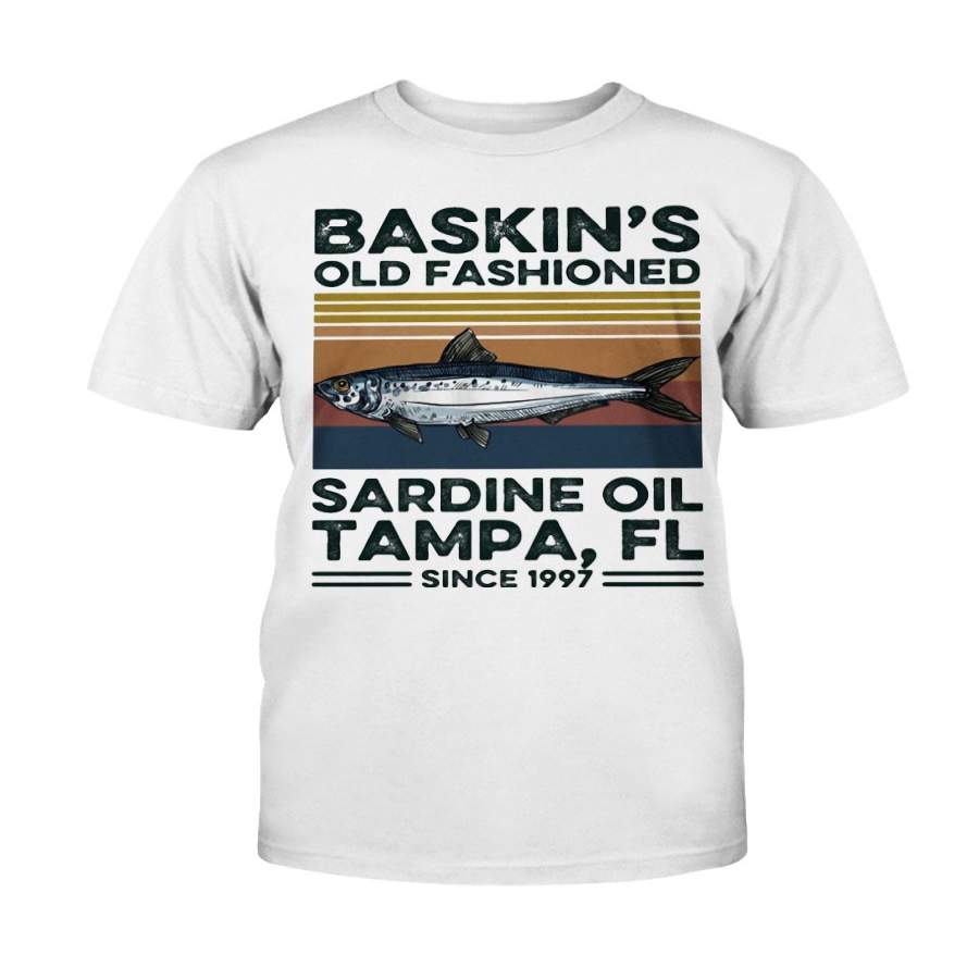 FISH BASKIN’S OLD FASHIONED SARDINE OIL TAMPA FL SINCE 1997 VINTAGE TEE SHIRT