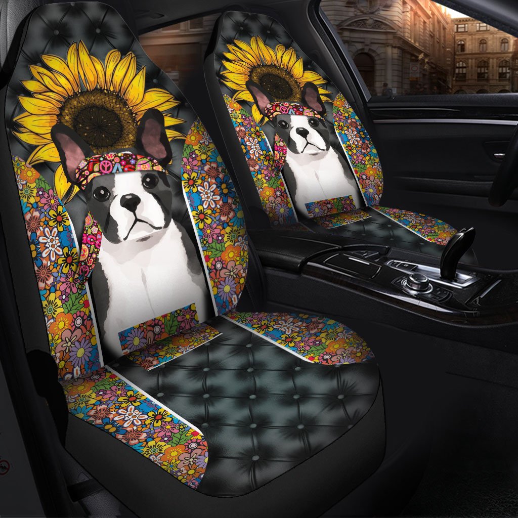 Hippie Boston Terrier Premium Custom Car Seat Covers Decor Protector