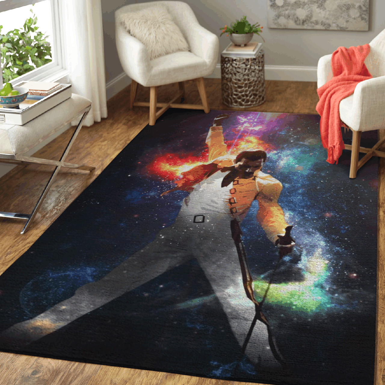 Freddie Mercury, the Queen in galaxy art Area Rug