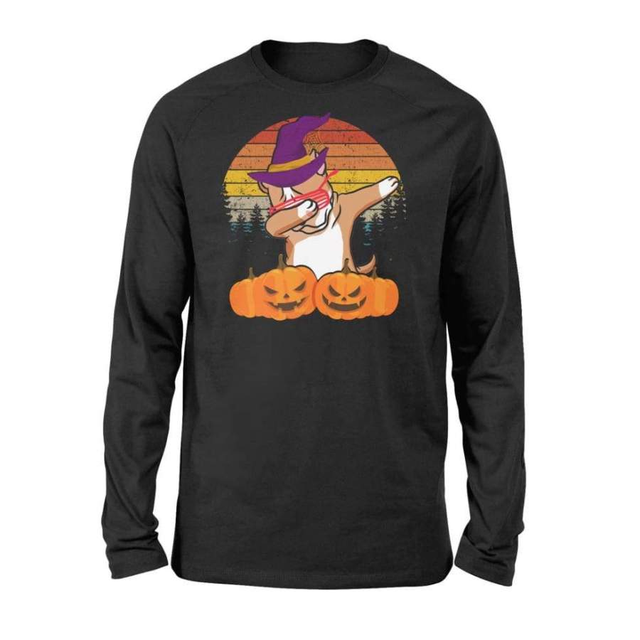 Boston Terrier Dog Dabbing Retro Sunset With Witch Hat Halloween Costume – Standard Long Sleeve