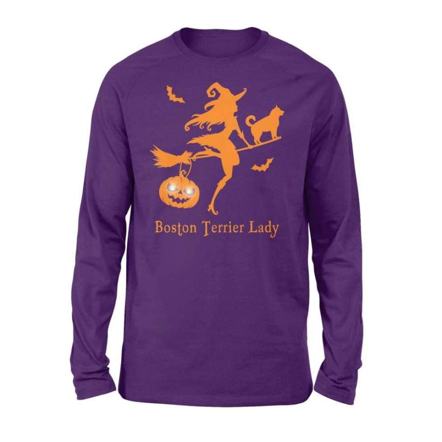 Boston Terrier Lady Driving Broomstick Halloween Costume Shirt Gift – Standard Long Sleeve