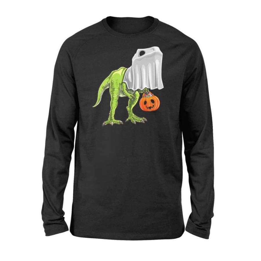 Halloween T Rex Dinosaur Ghost Trick Or Treat Shirt Halloween Costume Graphic Design Digital Printed Shirt – Standard Long Sleeve