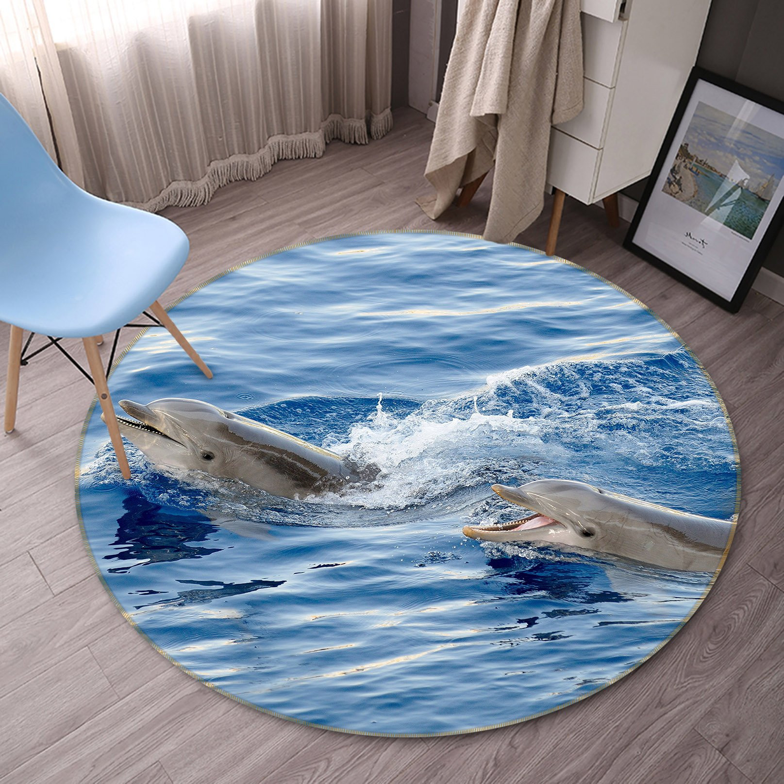 3D Two Dolphins Surge Over Sea Round Rug – Round Carpet Home Decor