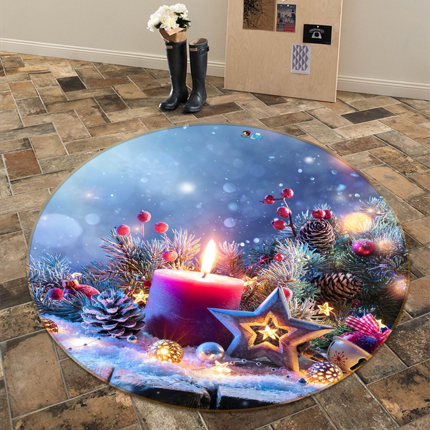 3D Candle Five-Pointed Star 54209 Christmas Round Rug – Round Carpet Home Decor Xmas