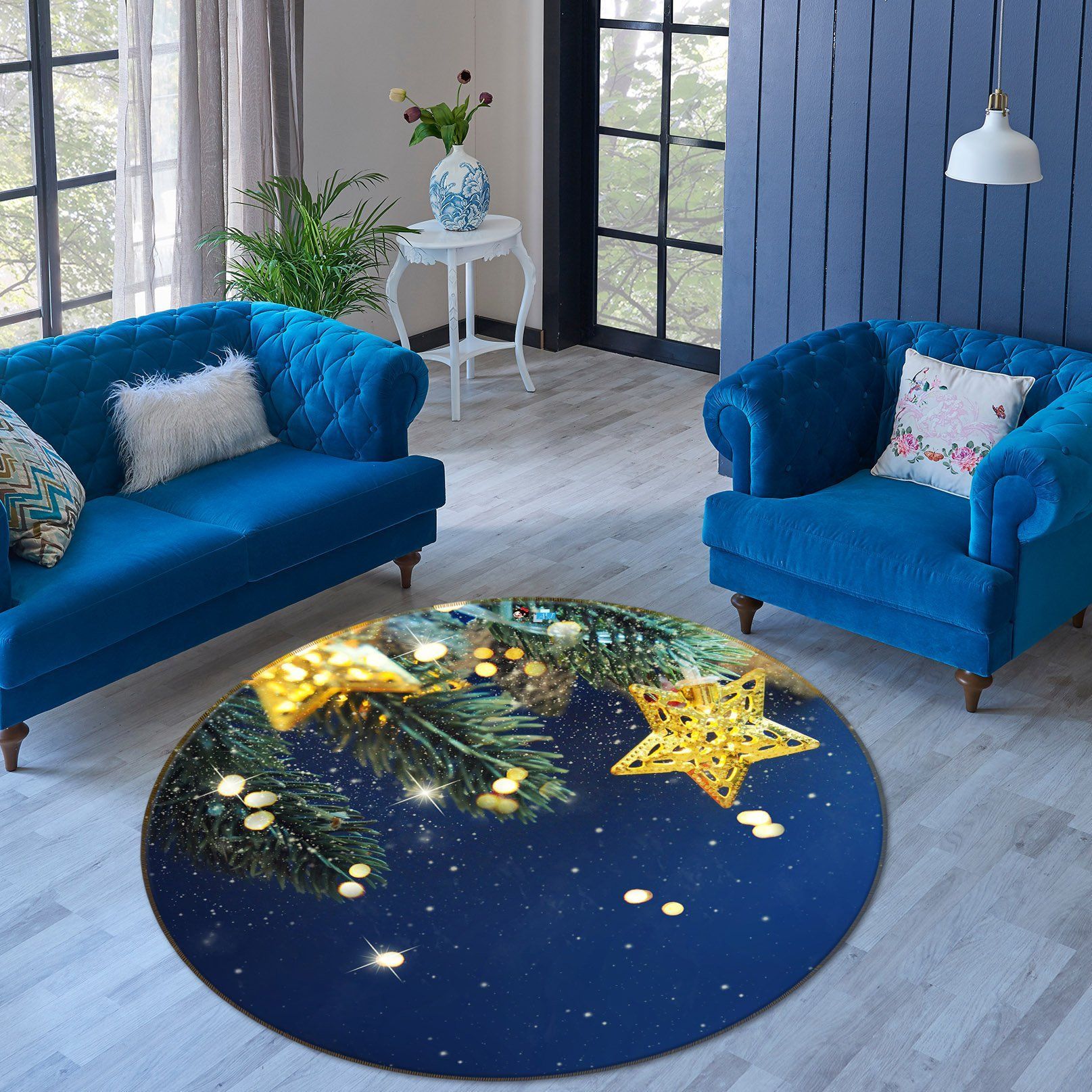 3D Five-Pointed Star Pendant 54157 Christmas Round Rug – Round Carpet Home Decor Xmas