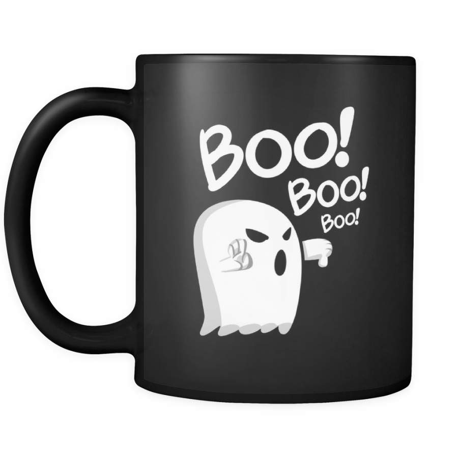 Funny Mugs – Discontented Ghost ‘BOO’ Design On Black Ceramic Mug