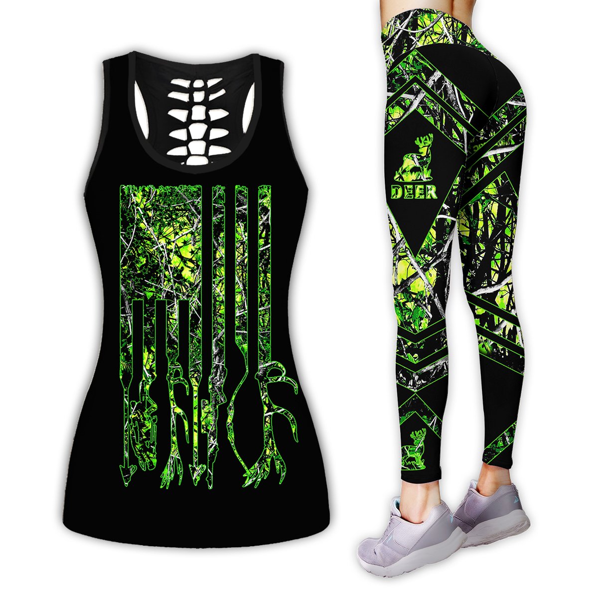 Hunting Green Legging and Hollow Out Tank Top Set Outfit For Women | Full Size | Colorful | LGS1254