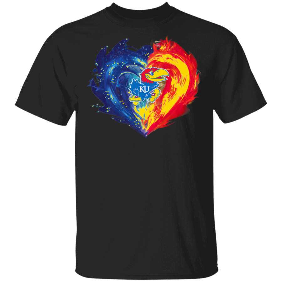 Kansas Jayhawks Fire Water Heart TShirt Apparel