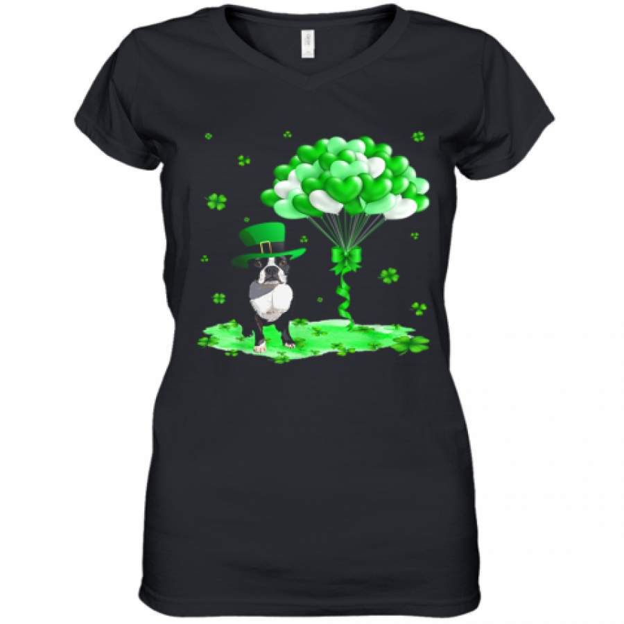 Boston Terrier Leprechaun Hat Shamrocks St Patrick'S Day Women's V-Neck T-Shirt