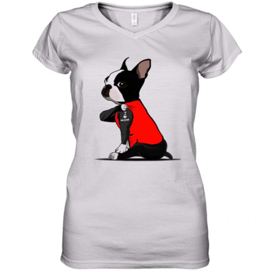 Boston Terrier I Love Mom Tattoo Women's V-Neck T-Shirt