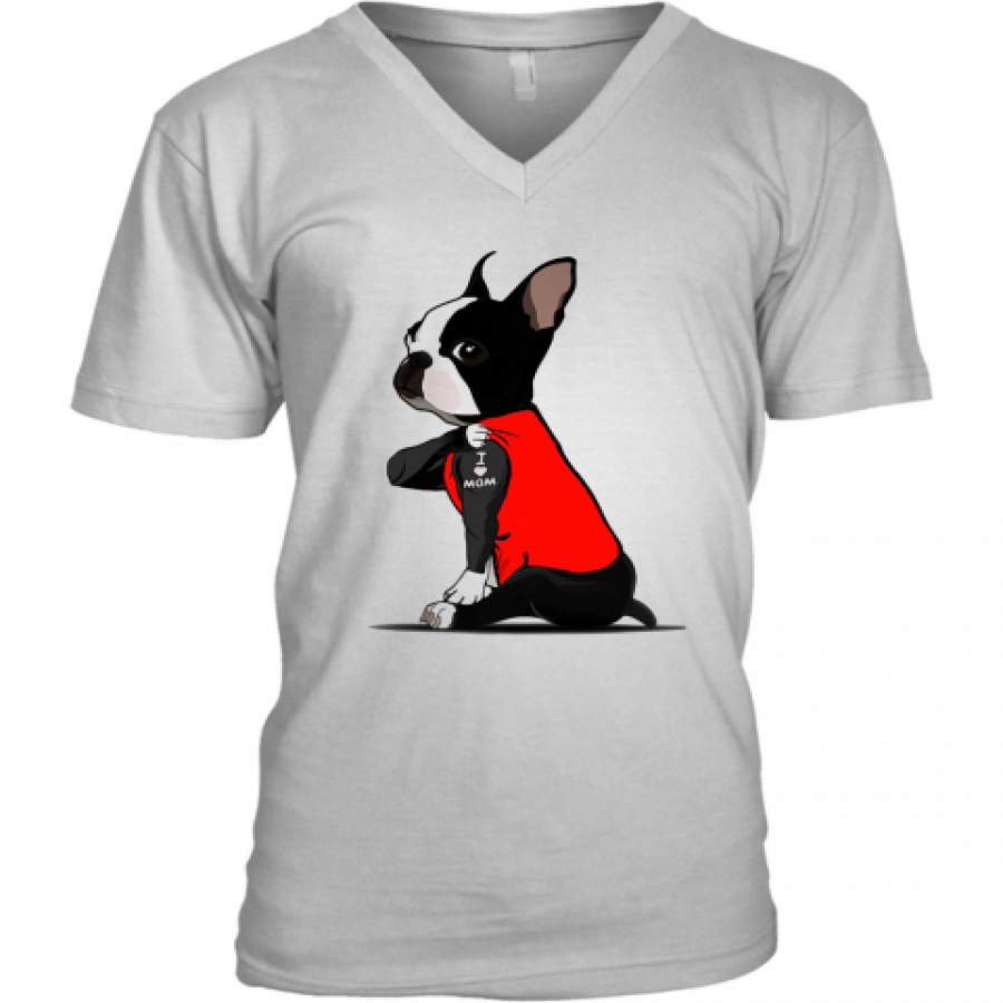 Boston Terrier I Love Mom Tattoo V-Neck T-Shirt