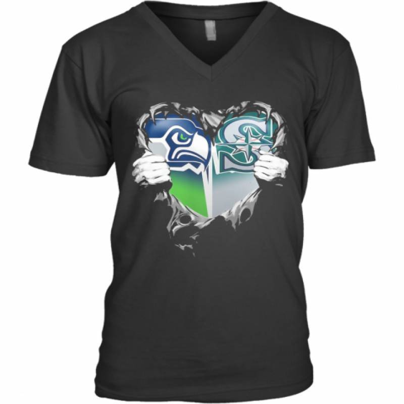 Blood Inside Seattle Seahawks And Seattle Mariners Heart V-Neck T-Shirt