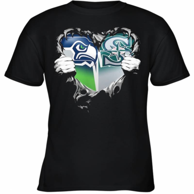 Blood Inside Seattle Seahawks And Seattle Mariners Heart Youth T-Shirt