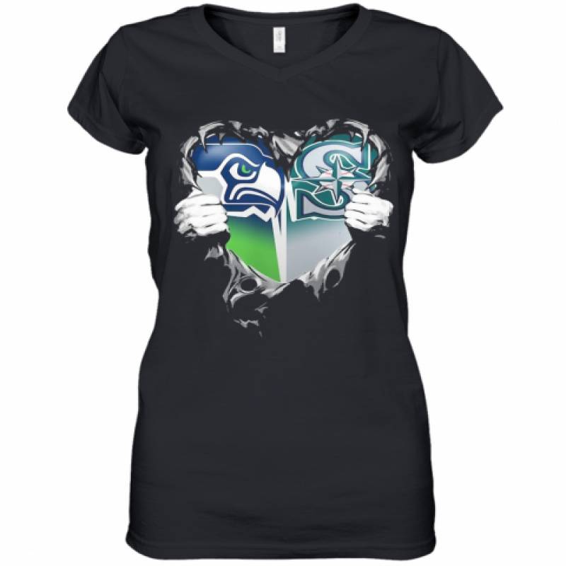 Blood Inside Seattle Seahawks And Seattle Mariners Heart Women's V-Neck T-Shirt