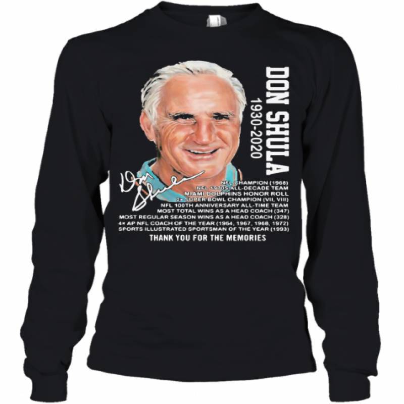 Don Shula 1930 2020 Miami Dolphins Thank You For The Memories Signature Youth Long Sleeve