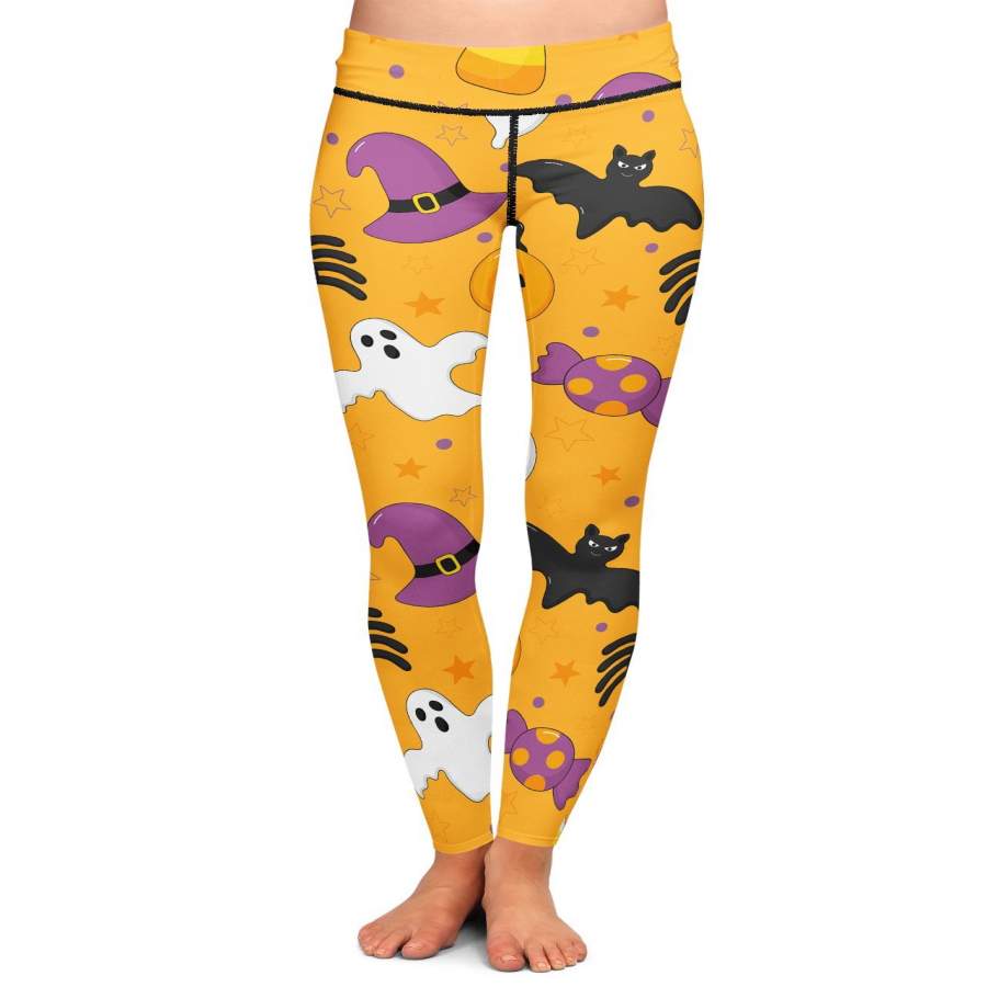 Bats And Ghosts Orange Yoga Leggings