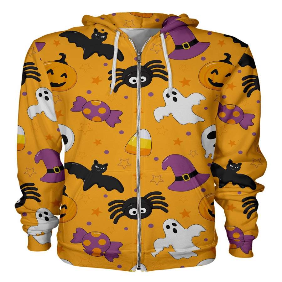 Bats And Ghosts Orange Zip Hoodie