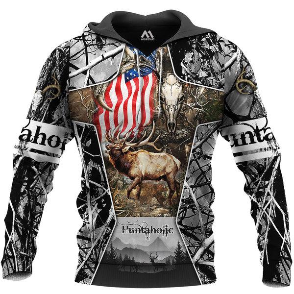 Hunting – Huntaholic Moose Flag 3D All Over Print | Hoodie | Unisex | Full Size | Adult | Colorful | HT5075