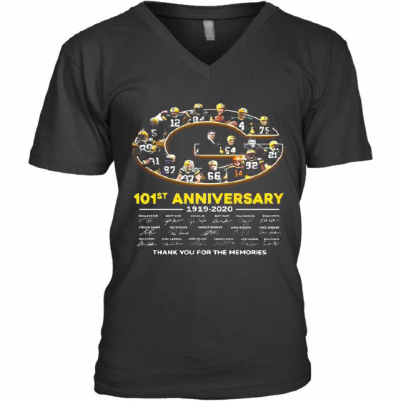 Green Bay Packer 101St Anniversary 1919 2020 Thank You For The Memories Signatures V-Neck T-Shirt