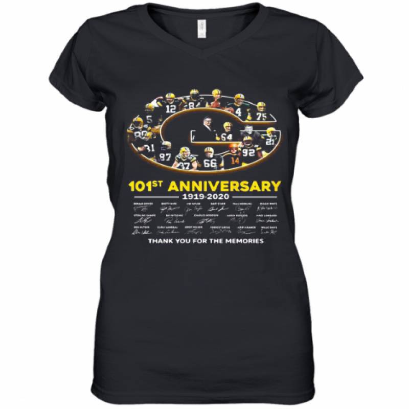 Green Bay Packer 101St Anniversary 1919 2020 Thank You For The Memories Signatures Women's V-Neck T-Shirt