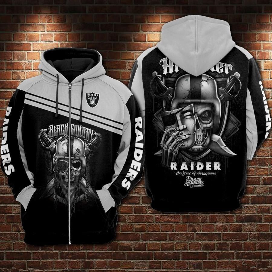 98Hd086-Black Sunday Raiders The Face Of Champions Zip Up 3D Hoodies