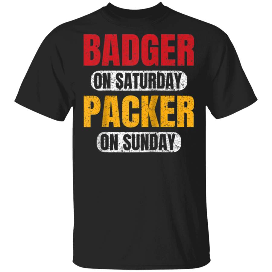 Badger on Saturday Packer on Sunday Green Bay Funny Gifts Raglan Baseball Tee Shirt G500 Gildan 5.3 oz. T-Shirt