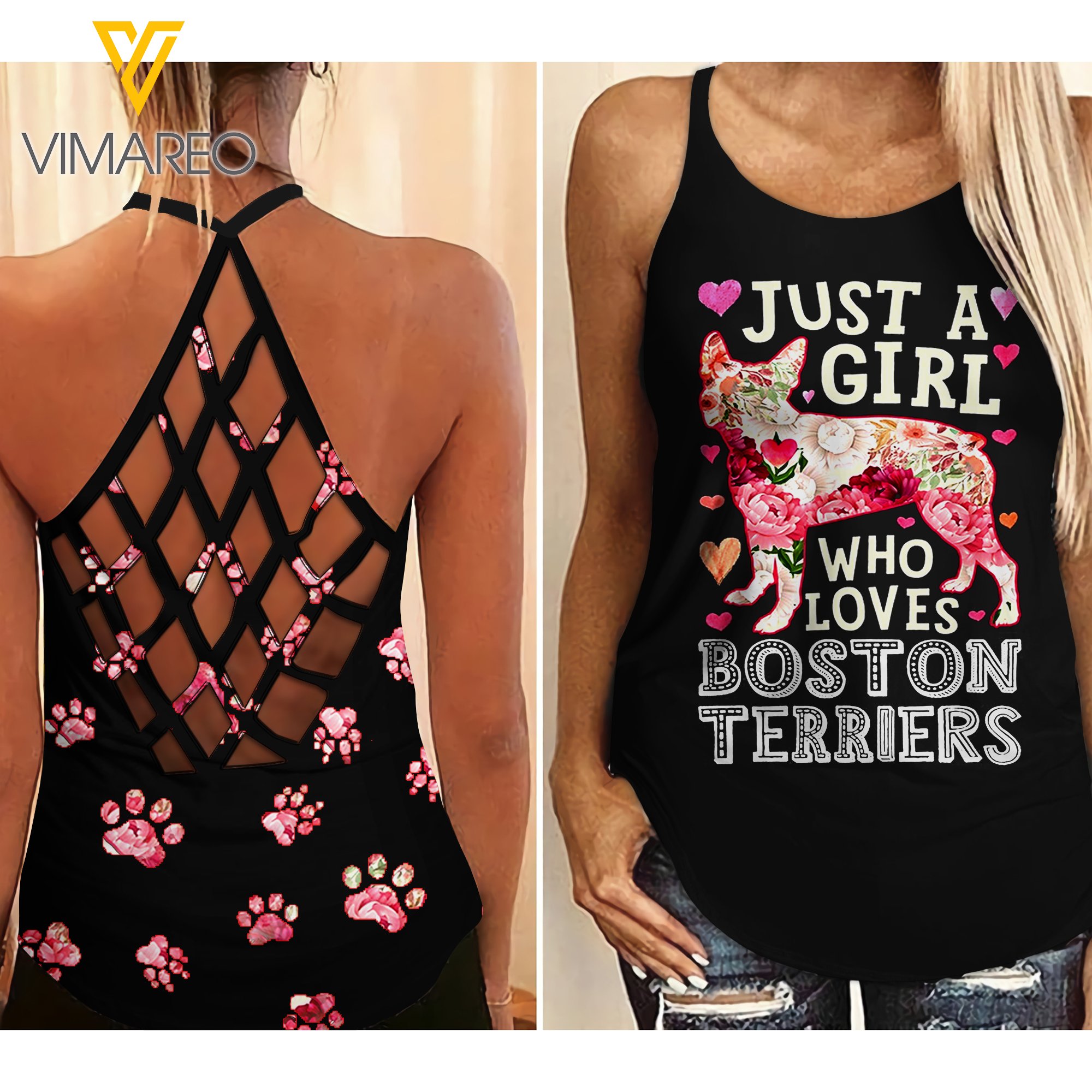 Boston Terrier Criss-Cross Open Back Camisole Tank Top Yyqq