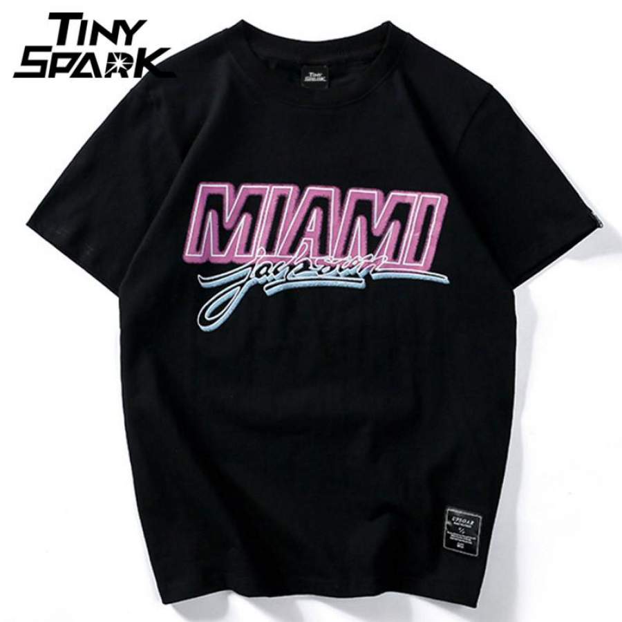 Cotton Hip Hop Miami Pink letter Print Hip hop T shirt Street wear Black Fashion White Tops