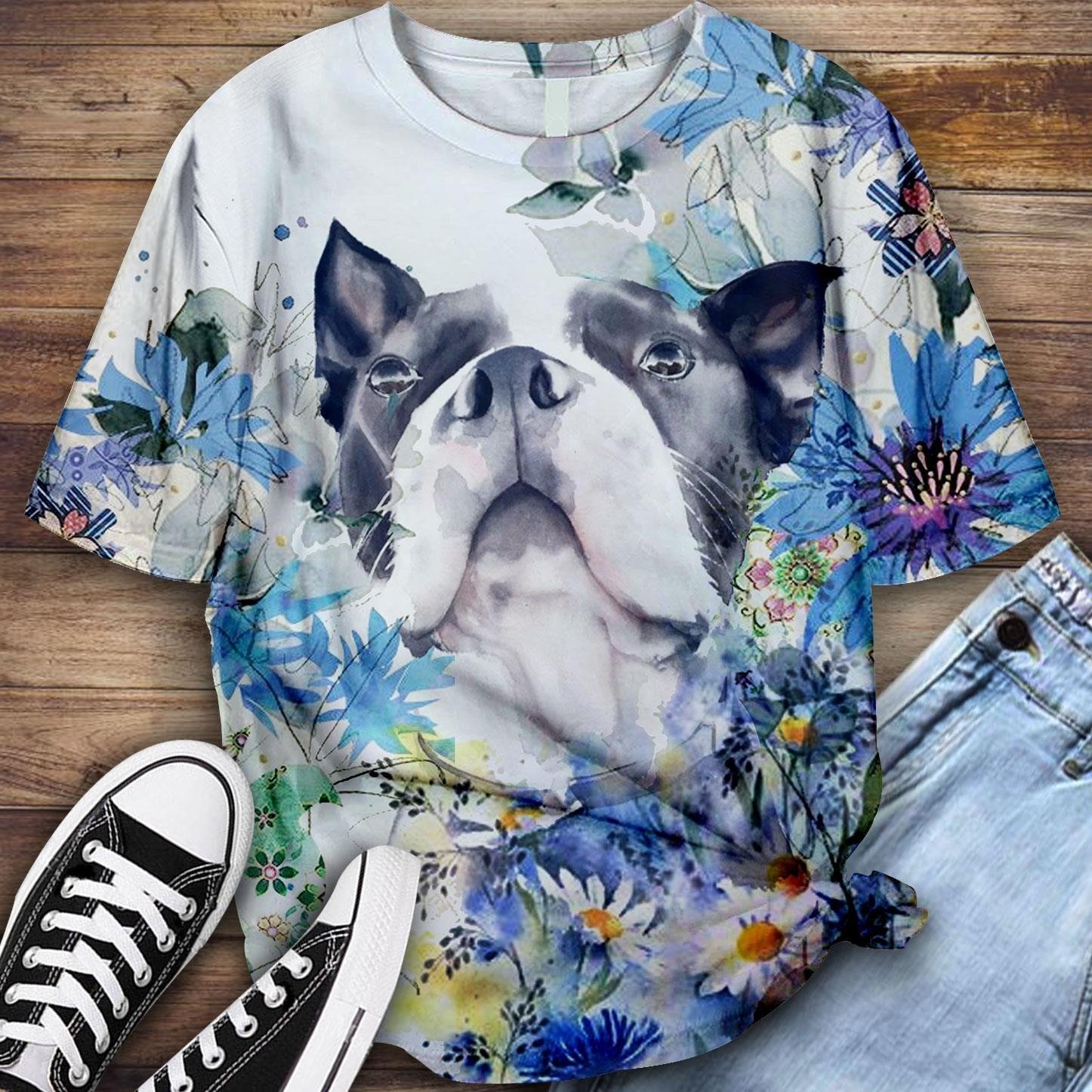 Boston Terrier Flower Art Custom T-shirt