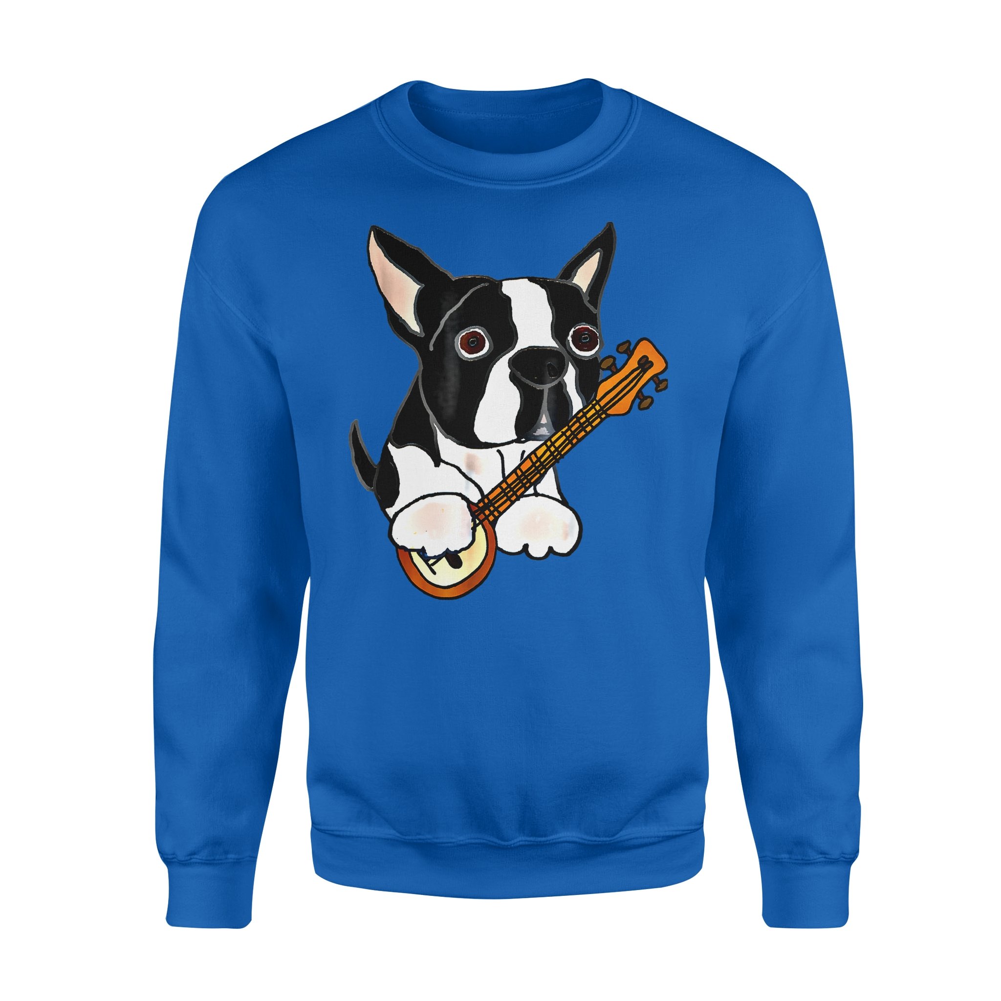 Dog gift idea Smilemoretees Funny Boston Terrier Playing Banjo T-Shirt – Standard Fleece Sweatshirt